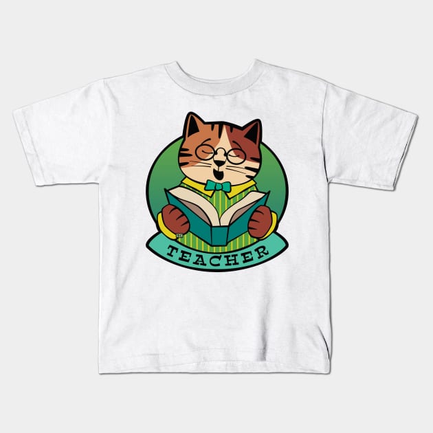 Teacher Cat Reading Book Kids T-Shirt by Sue Cervenka